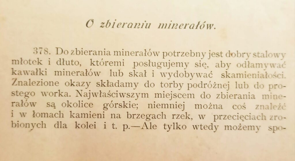 Fragment książki "Historya Naturalna dla młodzieży" nakładem Michała Arcta w Warszawie. XIX w. Dalszy ciąg tekstu można znaleźć tutaj. jak zacząć zbierać minerały